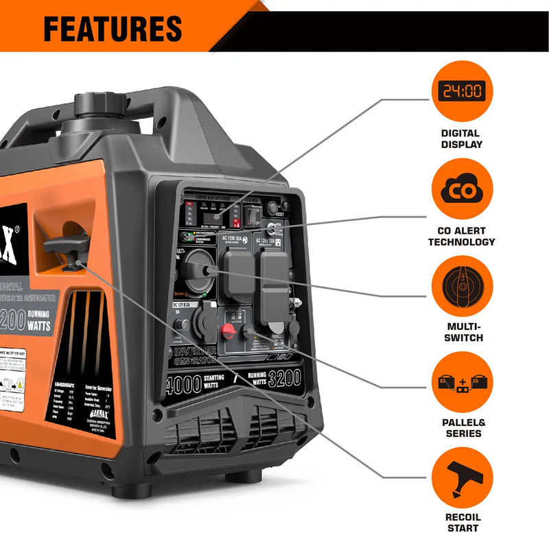 Genmax GM4000iSAPC 4000 Watt Gasoline Inverter Generator ultra-quiet145cc Engine EPA & CARB Compliant, Eco-Mode Feature