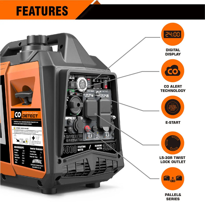 GENMAX GM4000iSBEPC 4000 Watt Gasoline Inverter Generator with CO Detect