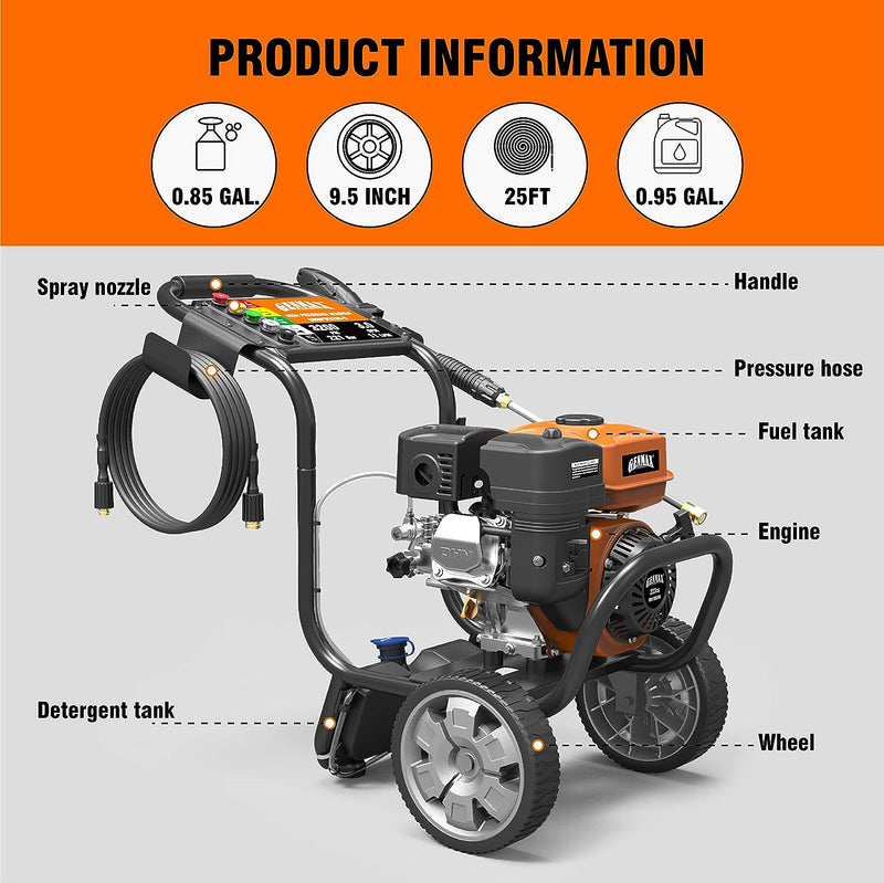 Genmax GMGPW3200-B Gas Pressure Washer 3200 PSI and 3 GPM, 5 QC Nozzle Tips and Onboard Soap Tank