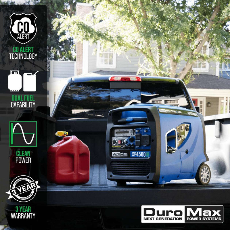 REFURB DuroMax XP4500iH 4,500 Peak Watt Dual Fuel Inverter Generator With Carbon Monoxide Detectors + UBS Ports (Grade A)