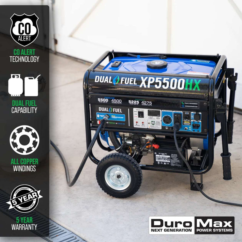 REFURB DuroMax XP5500HX 5,500 Watt 7.5 HP Dual Fuel Portable Generator With CO Alert 50- States (Grade A)